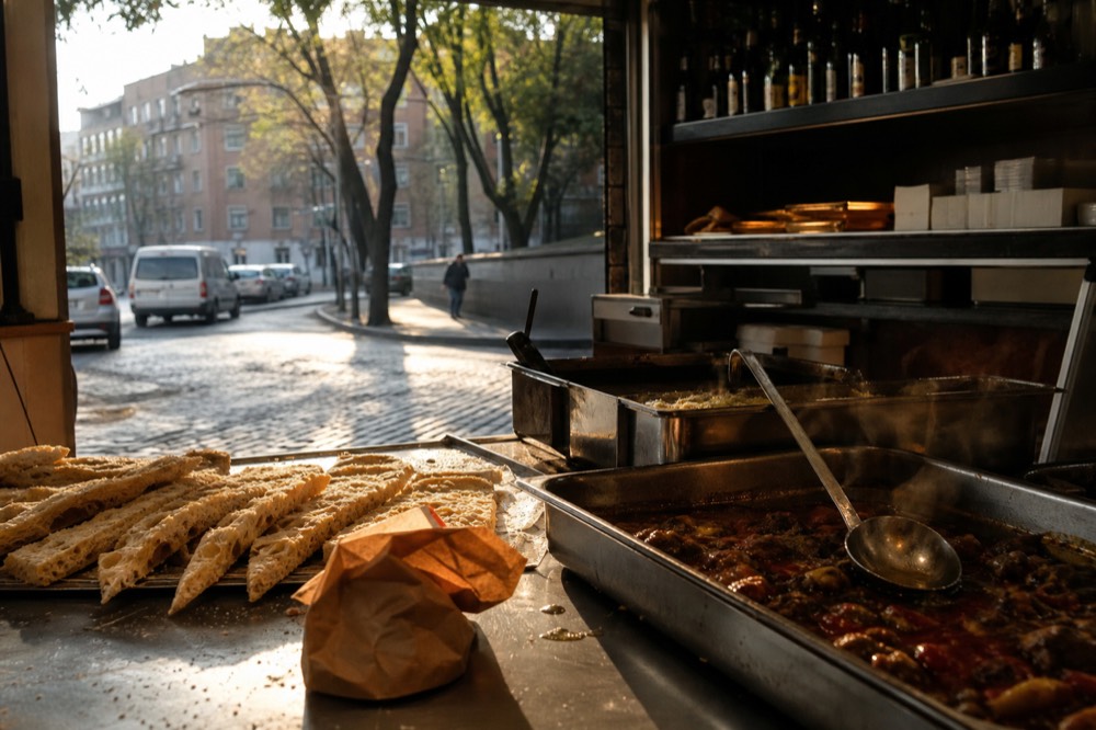 A counter of pizza bianca pockets filled with slow-cooked stews