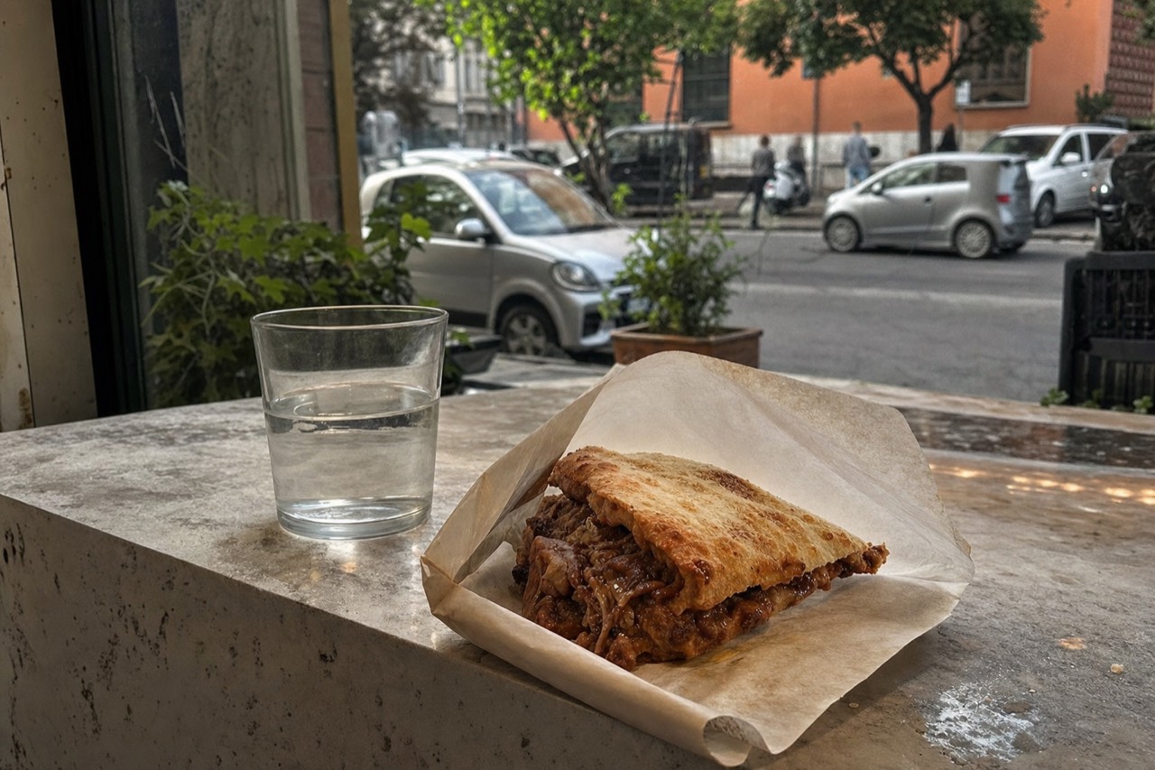 A triangular pocket of pizza bianca filled with a slow-cooked Roman stew, held in paper at a counter