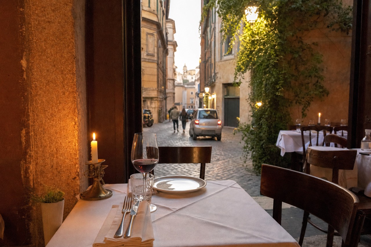 A candlelit Roman trattoria table set for the evening service