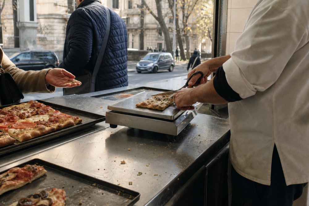 A counter clerk cutting a rectangle of pizza with scissors and placing it on a scale
