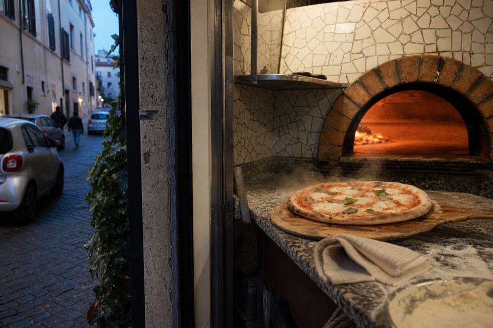 A round Roman pizza fresh from the oven being slid onto a wooden board