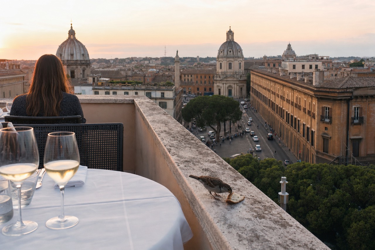 A Rome rooftop terrace at dusk with the city skyline and domes