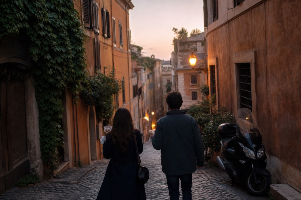 A quiet side street in Rome with people walking with food away from monuments